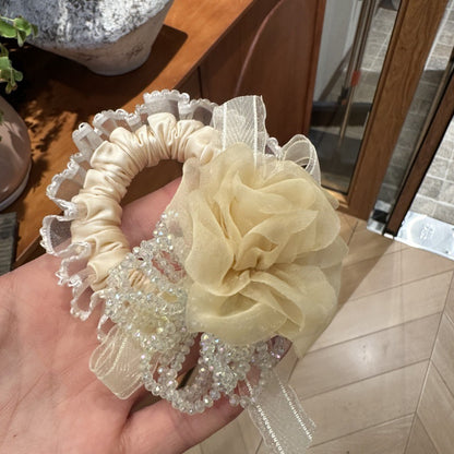 韩版紧致花朵甜美少女感发圈发绳小众设计蕾丝边水晶褶皱肠圈头绳