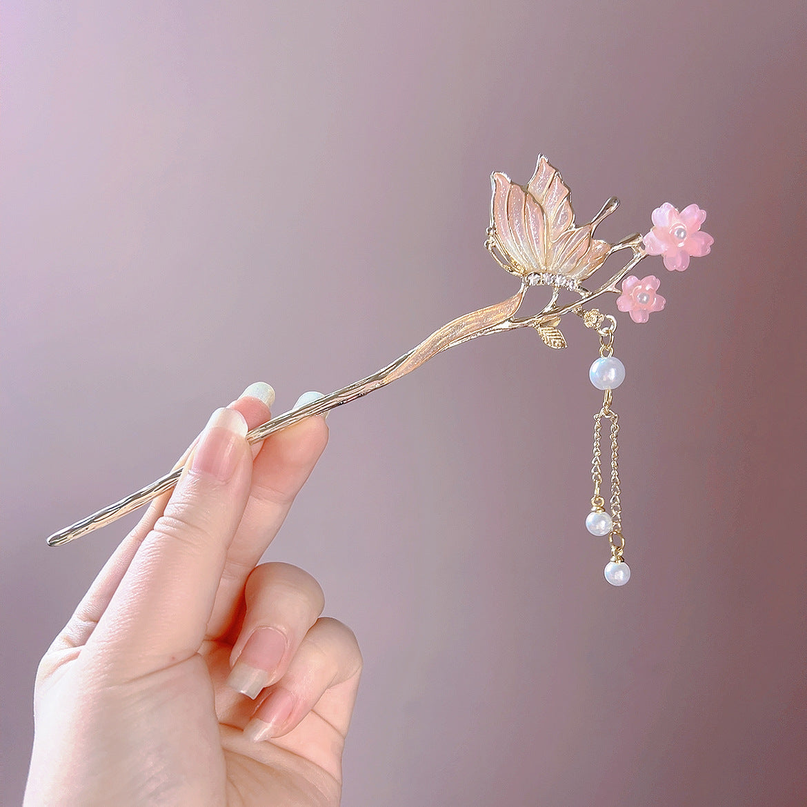 蝴蝶花朵发簪高级感珍珠流苏步摇女新中式小清新簪子古风挽发发钗