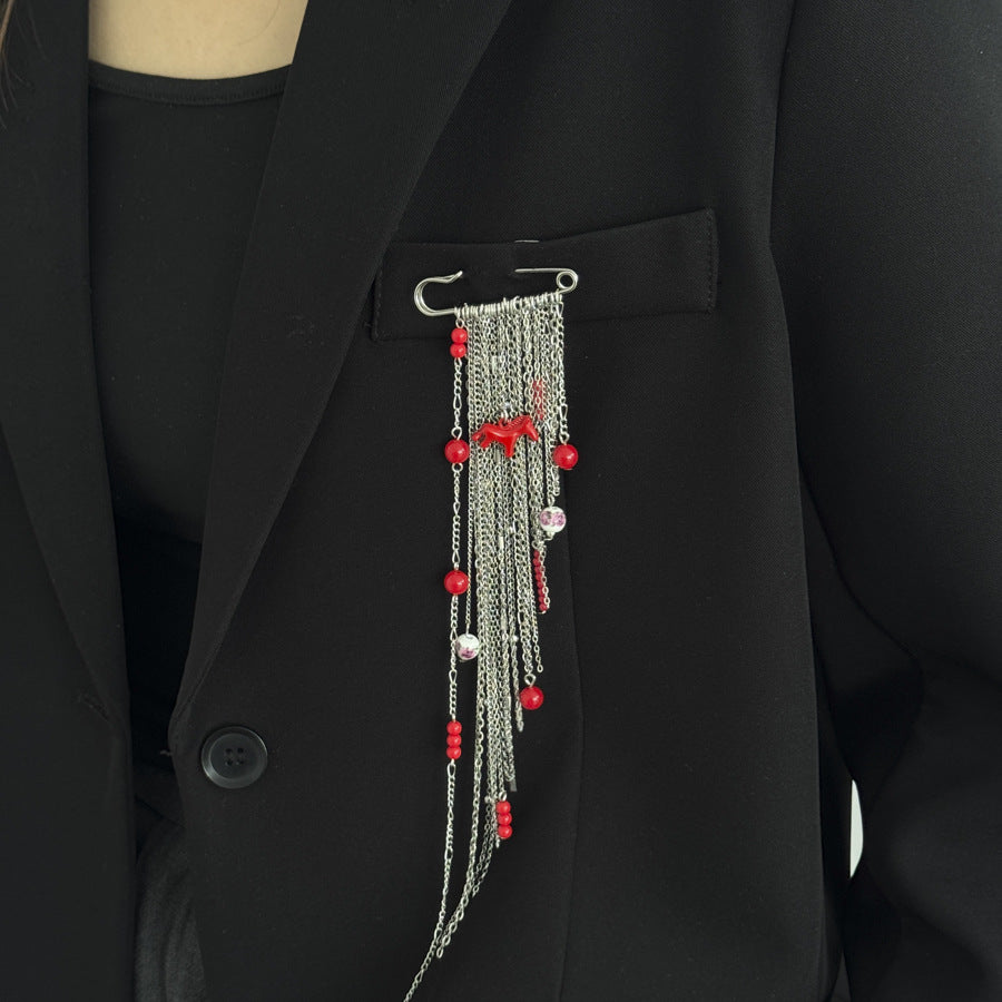 Brovia - Layered Chain Dangle Safety Pin Brooch