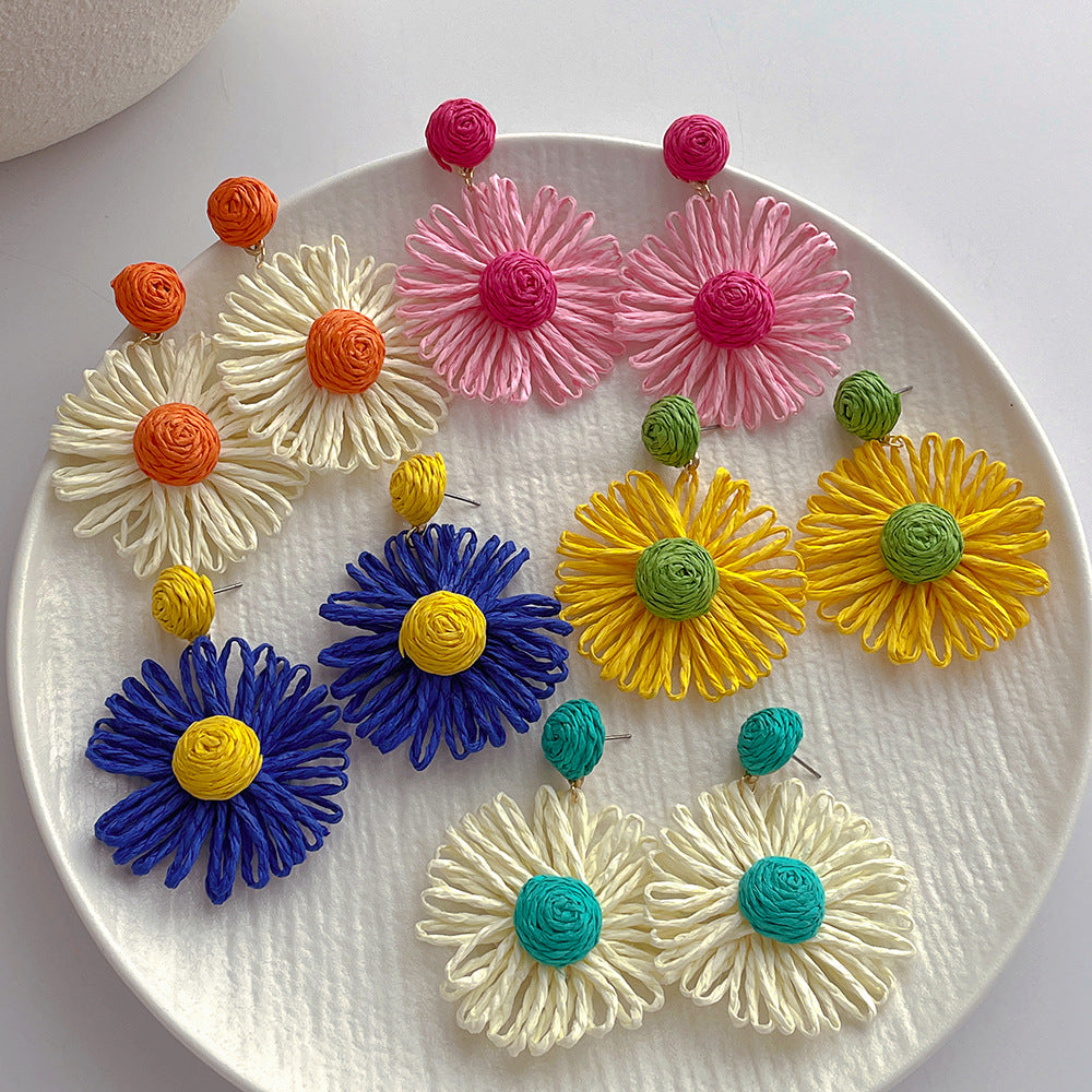 Handwoven Contrast Color Flower Stud Earrings