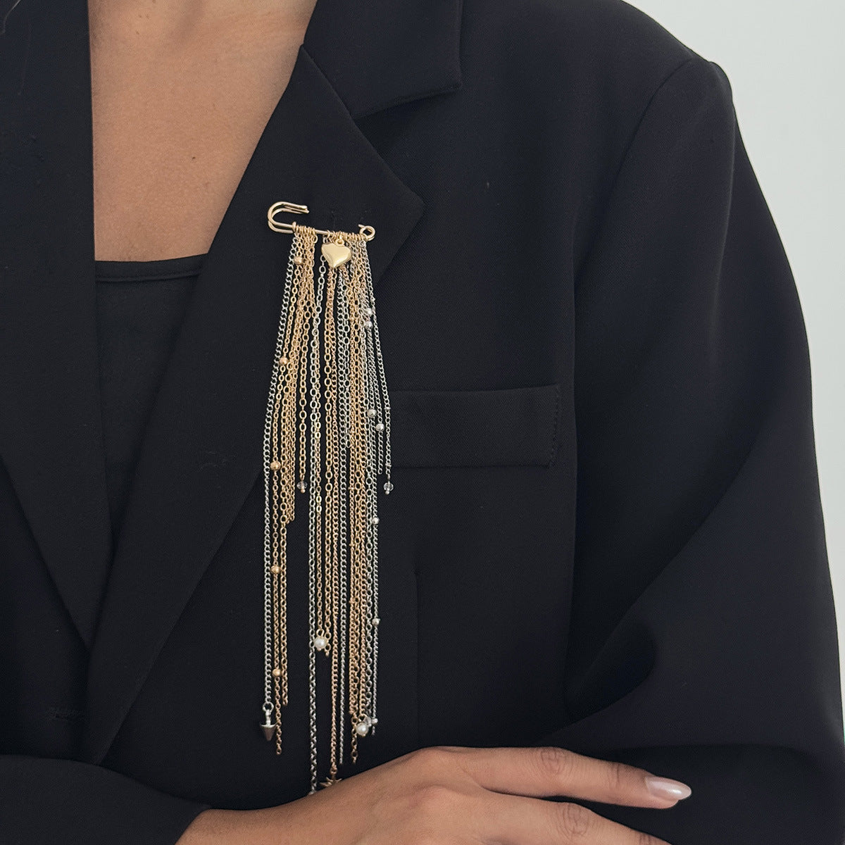 Brovia - Layered Chain Dangle Safety Pin Brooch