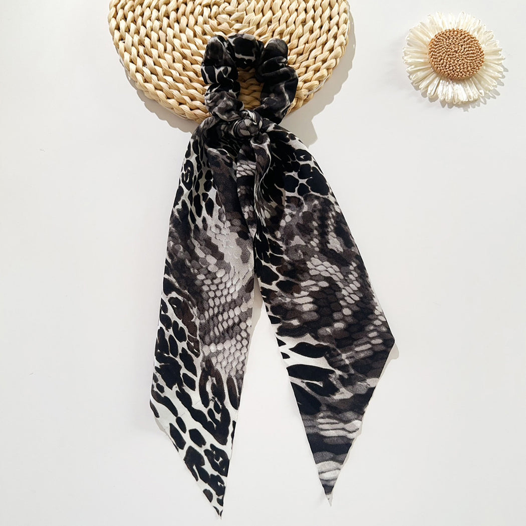 Black gray snakeskin ribbon bow scrunchie