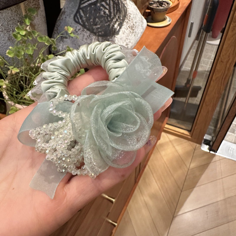 韩版紧致花朵甜美少女感发圈发绳小众设计蕾丝边水晶褶皱肠圈头绳