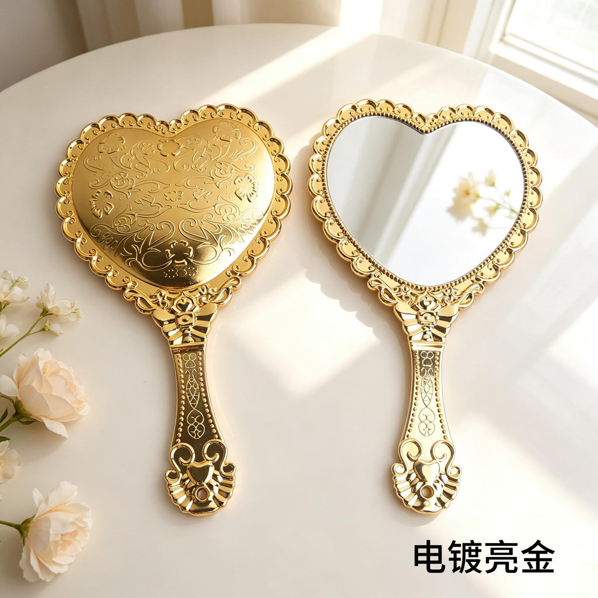 亚马逊热卖欧式复古花边镜电镀爱心手持镜浮雕花纹法式风补妆镜子