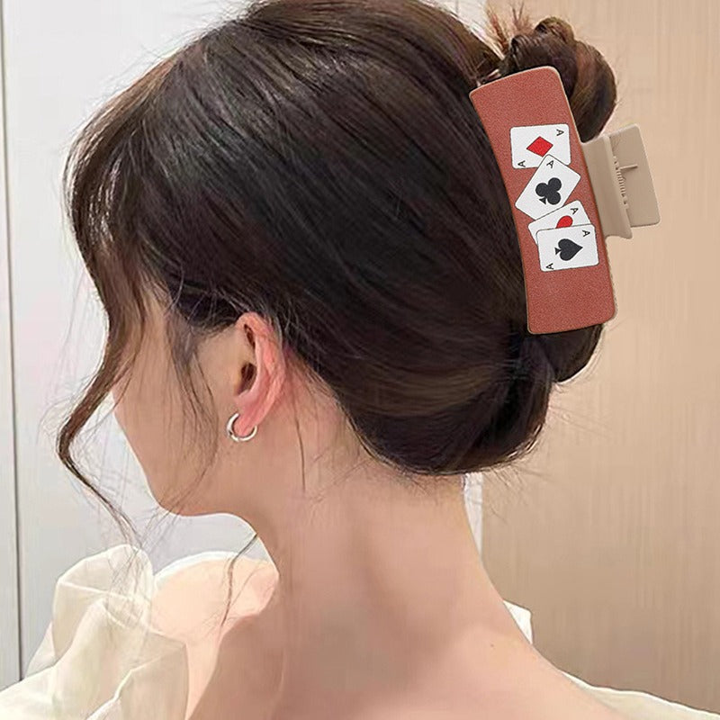 西部牛仔风复古扑克牌发饰发夹皮革印花鲨鱼夹抓夹欧美跨境亚马逊