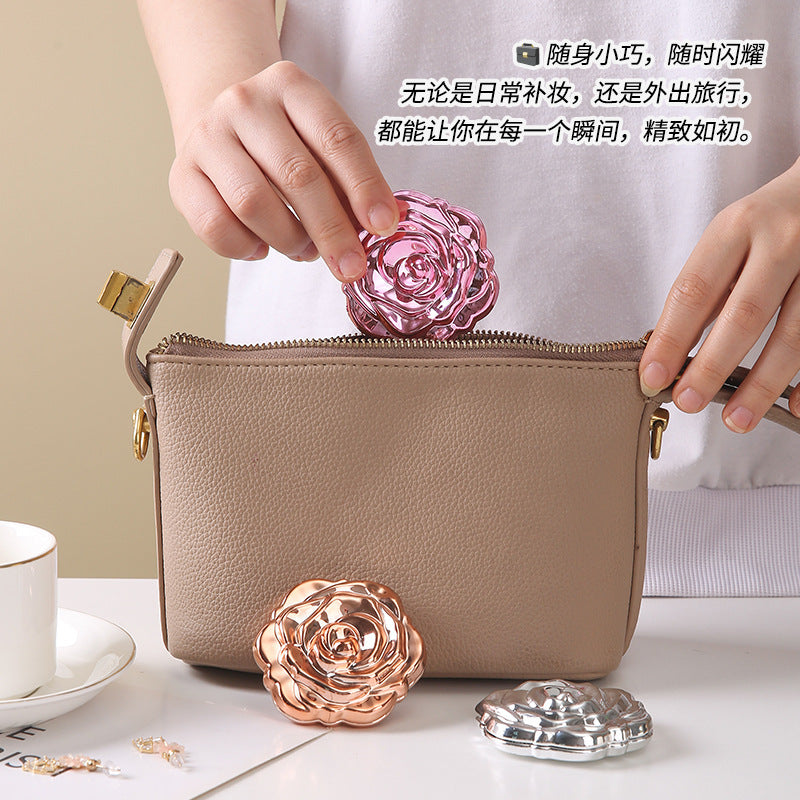 玫瑰花电镀镜化妆镜女便携随身携带小镜子高级感可折叠手拿补妆镜