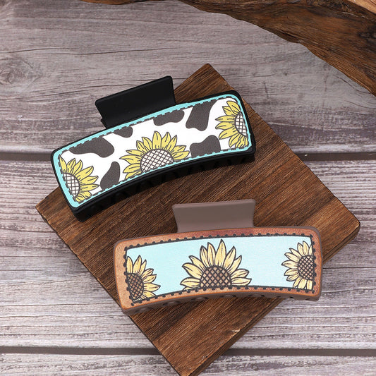 Beau - Blue Sunflower Cow Print Hair Claw