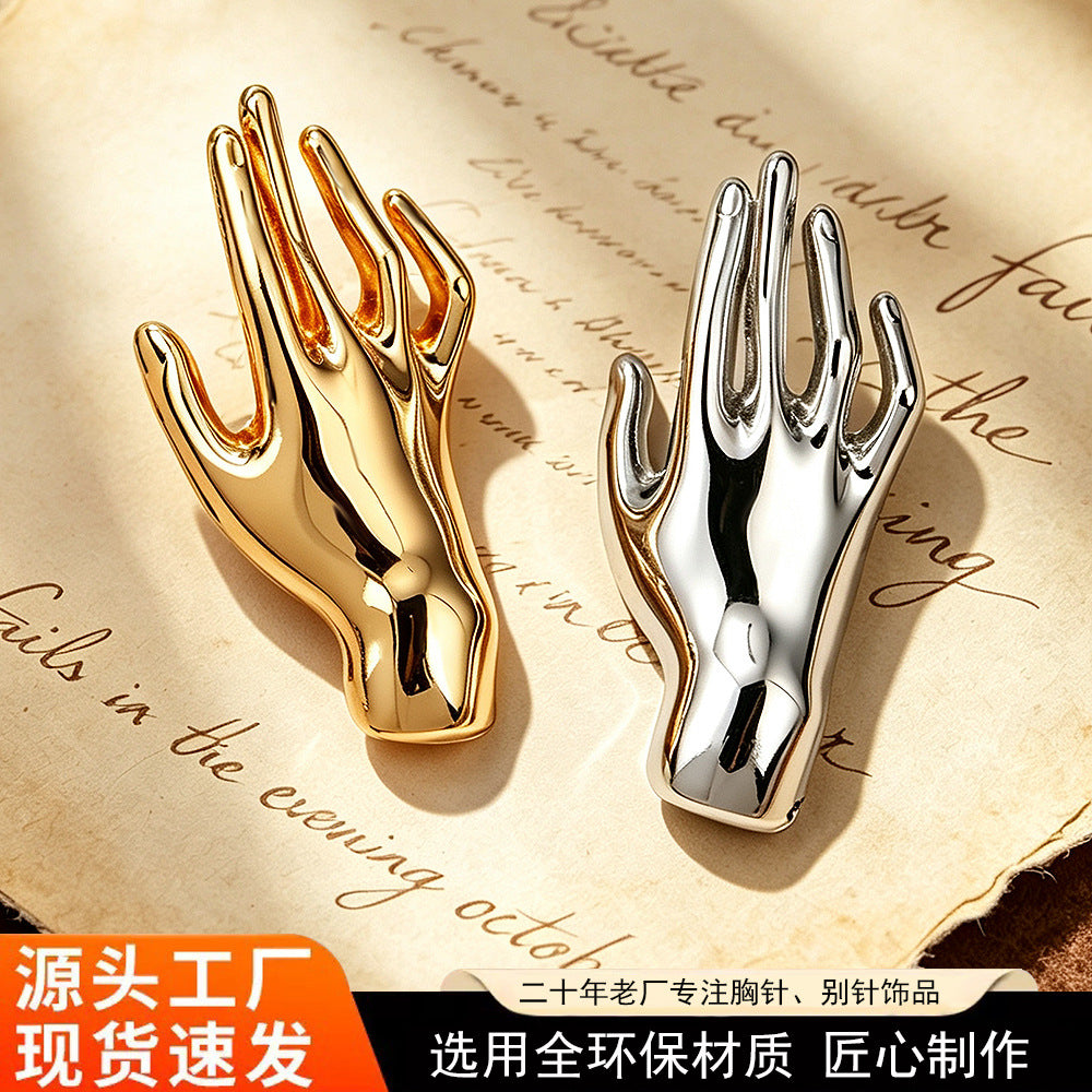 欧美时尚ins金色光面手掌胸针新款个性西装别针环保合金百搭配饰