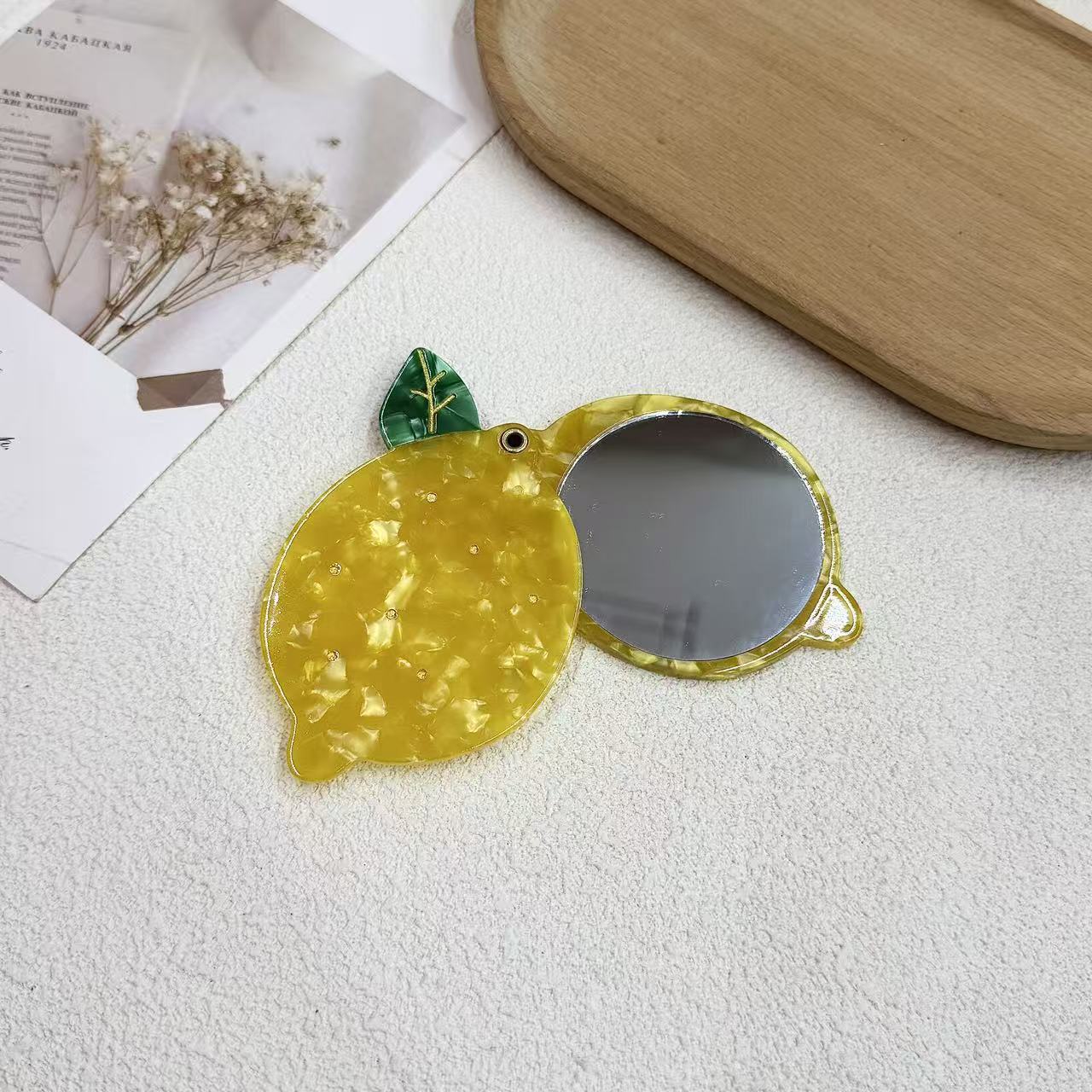 新款个性醋酸镜子草莓柠檬造型便携式镜子搞怪太阳花随身化妆镜
