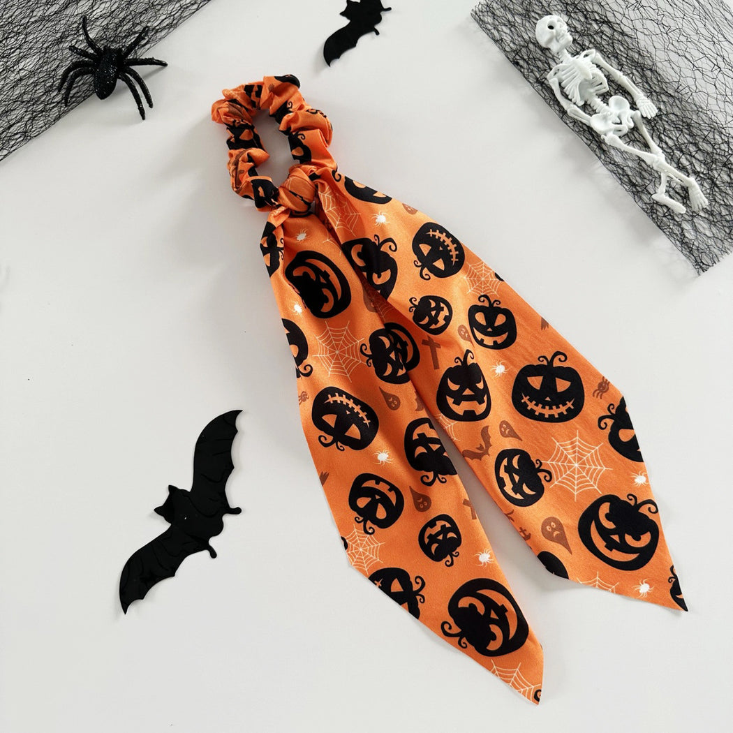 Orange ghost Halloween ribbon scrunchie