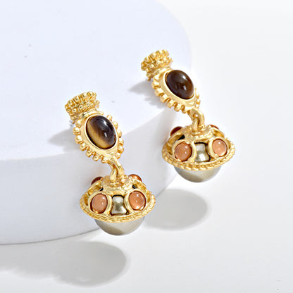 Vintage Dynamic Glass Pearl Earrings with Tiger Eye Stone