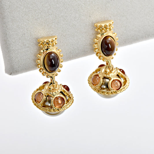 Vintage Dynamic Glass Pearl Earrings with Tiger Eye Stone