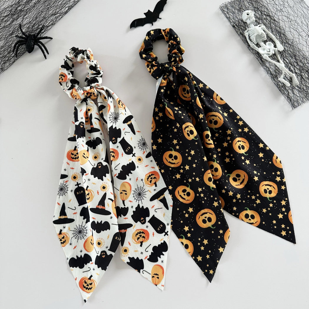 White and black Halloween ribbon scrunchies