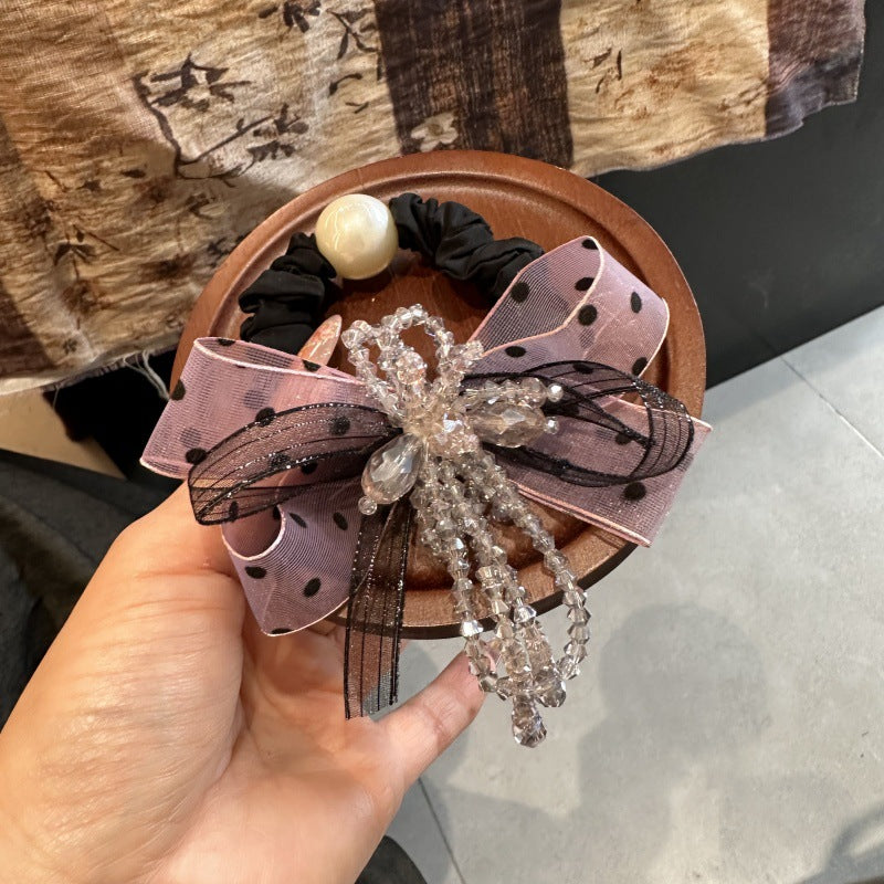 韩版波点蝴蝶结水晶发圈发绳高弹力珍珠细肠圈扎马尾丸子头头绳女