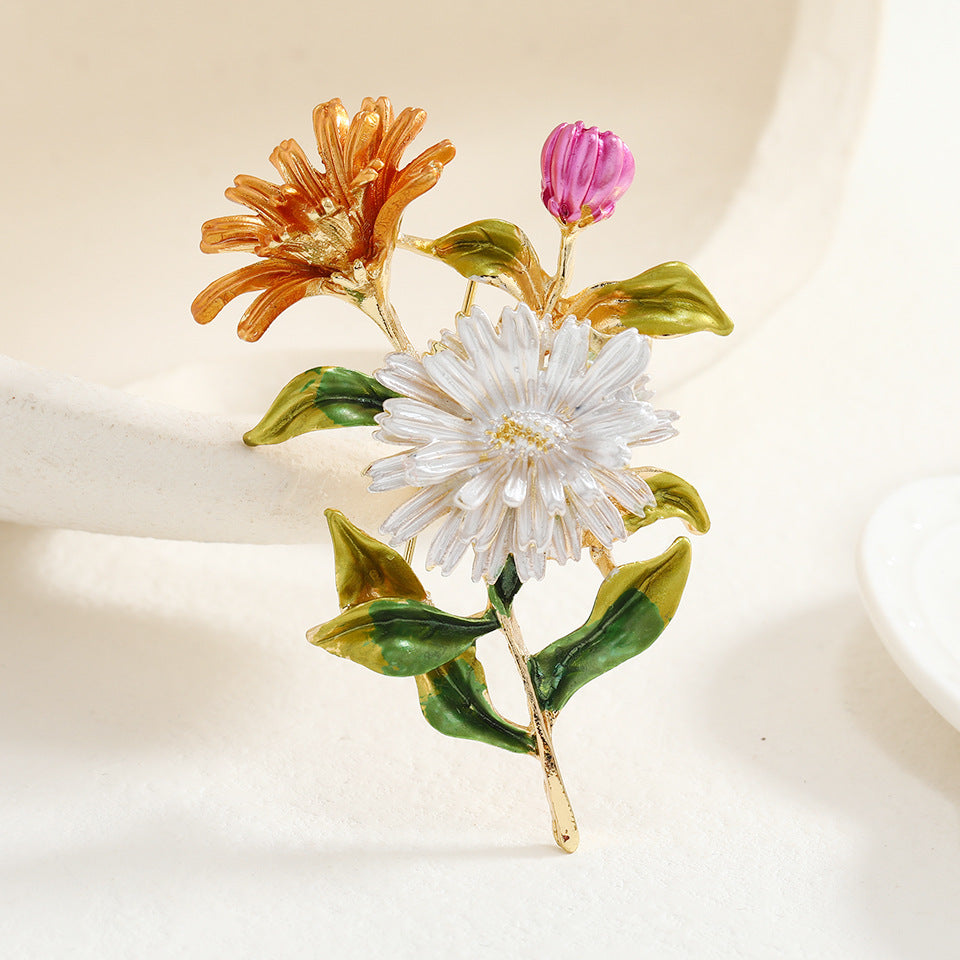 欧美百搭创意花卉胸针饰品高档女胸花时尚彩绘滴油多色菊花别针