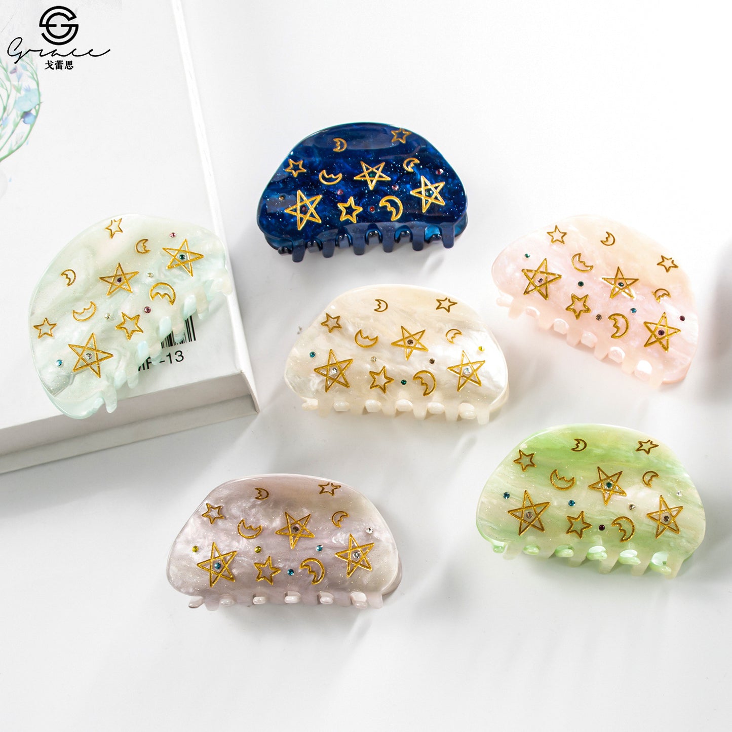 月亮五角星发夹金线彩色饰品钻石8月新品亚克力8公分葱粉儿童抓夹