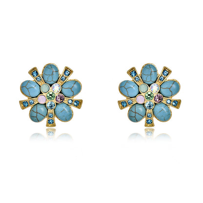 Vintage Floral Glass Stud Earrings with Turquoise