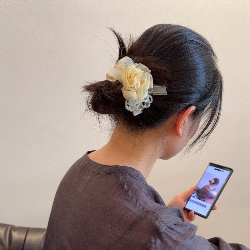 韩版紧致花朵甜美少女感发圈发绳小众设计蕾丝边水晶褶皱肠圈头绳