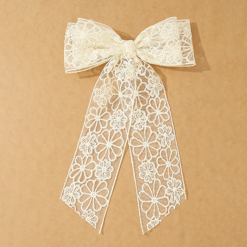 Embroidered Flower Bow Ribbon Hair Clip