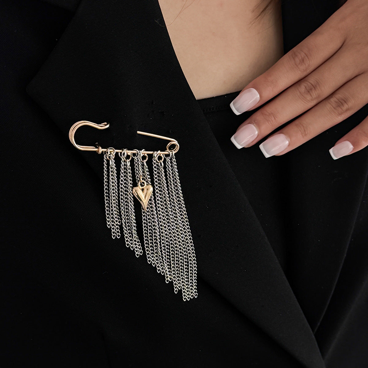 Brovia - Layered Chain Dangle Safety Pin Brooch