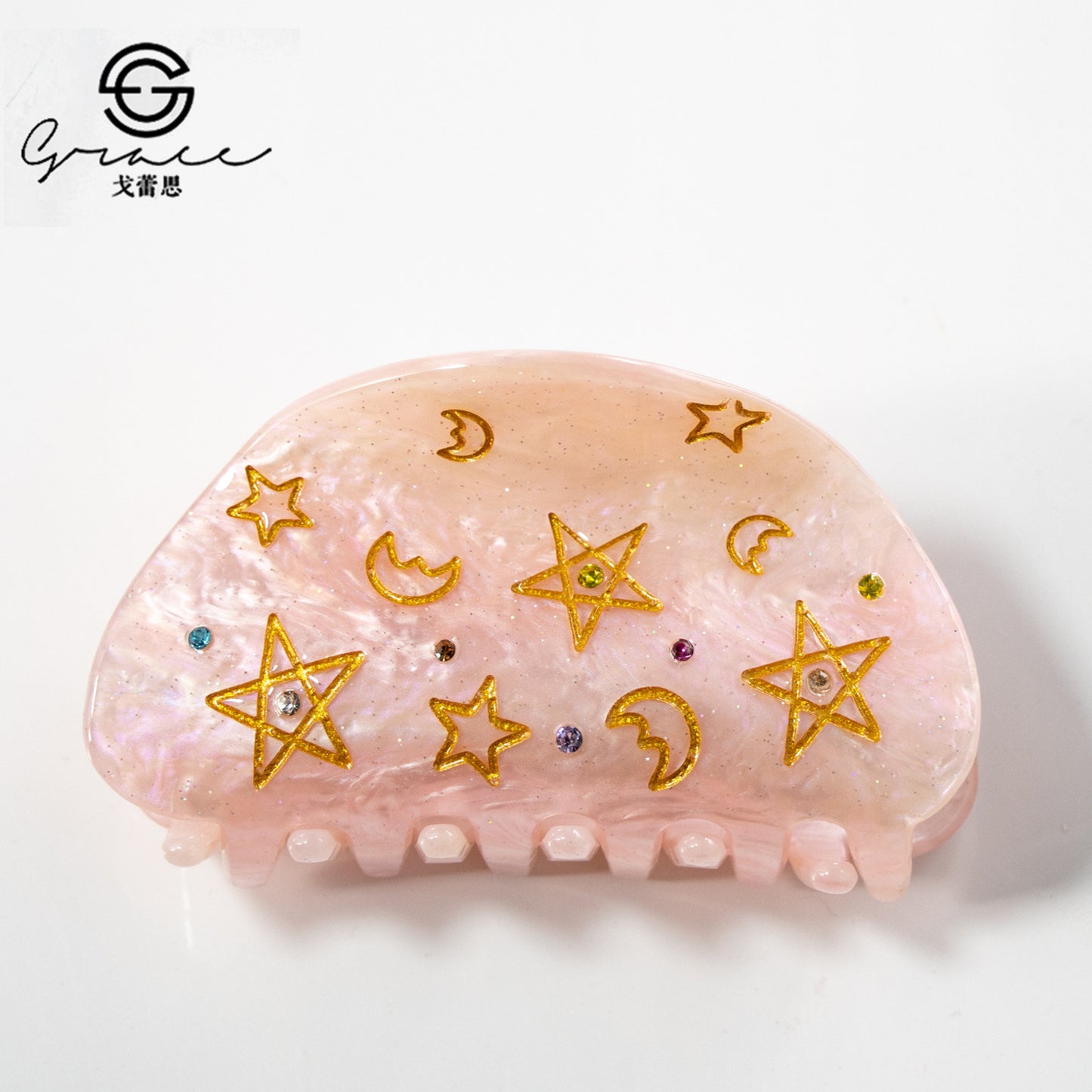 月亮五角星发夹金线彩色饰品钻石8月新品亚克力8公分葱粉儿童抓夹