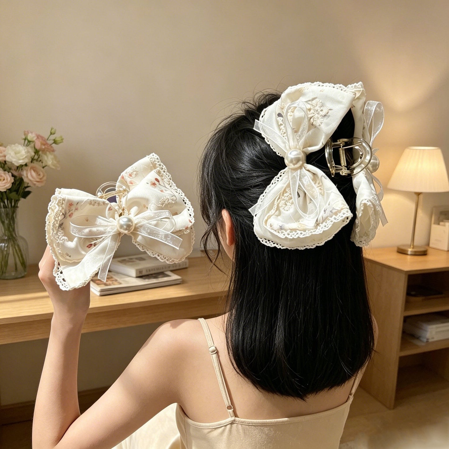 韩系布艺蝴蝶结抓夹女蕾丝花边后脑勺盘发鲨鱼夹子超仙高级感发卡