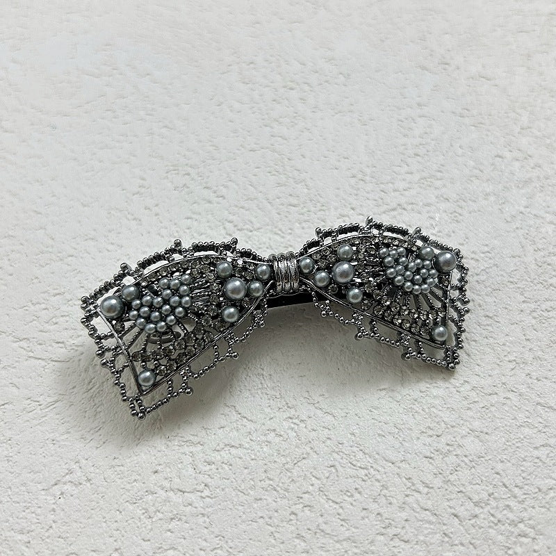 复古珍珠蝴蝶结弹簧夹女大号后脑勺发夹高级感轻奢水钻盘发发饰