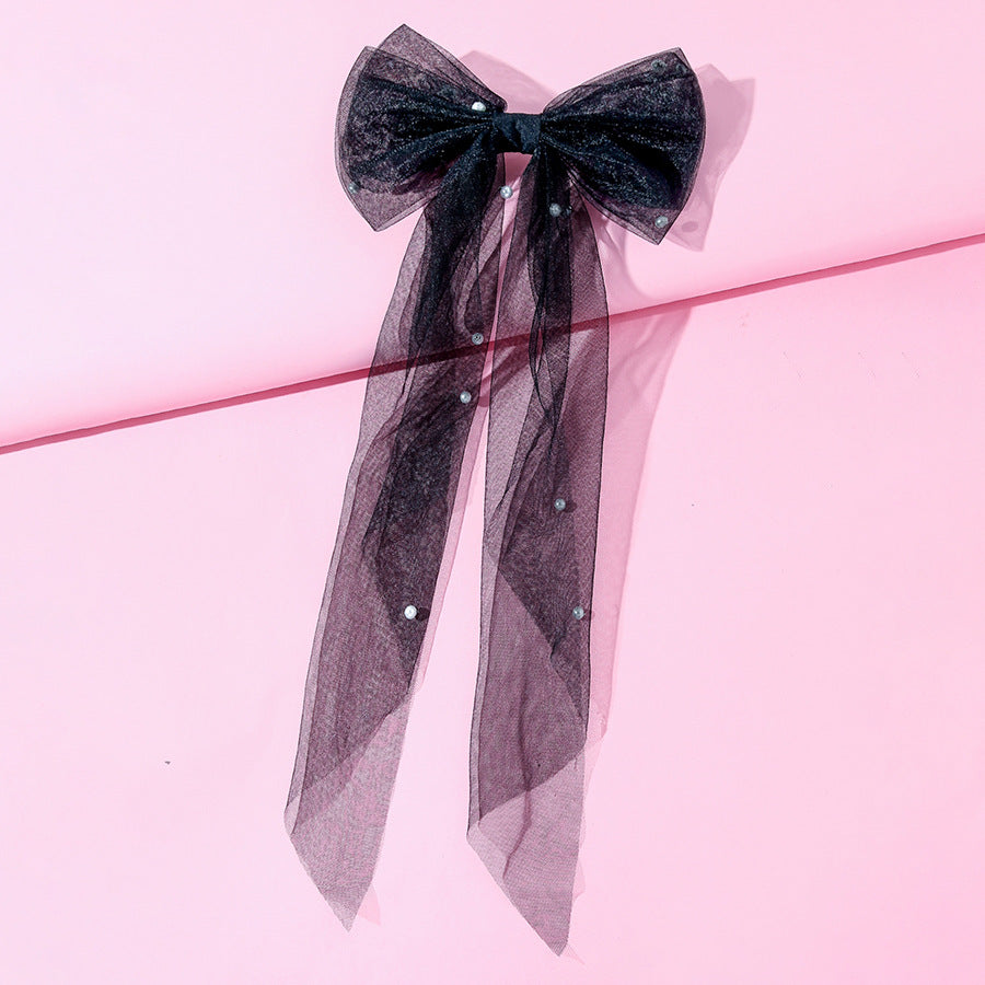 Tulle Ribbon Pearl Bow Hair Clip