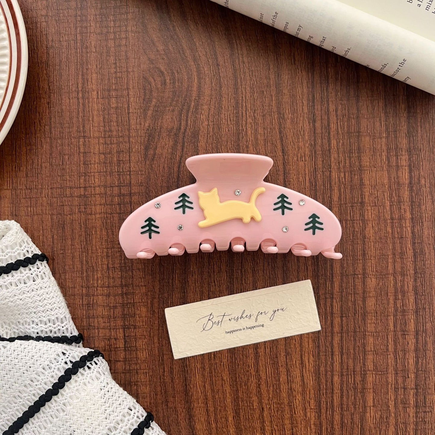 韩系可爱猫咪醋酸发夹精致带钻镶嵌鲨鱼夹后脑勺盘发抓夹发饰女
