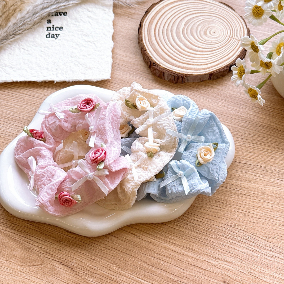 法式奶油芭蕾大肠发圈韩系甜美少女春夏清新立体浪漫玫瑰头绳发饰