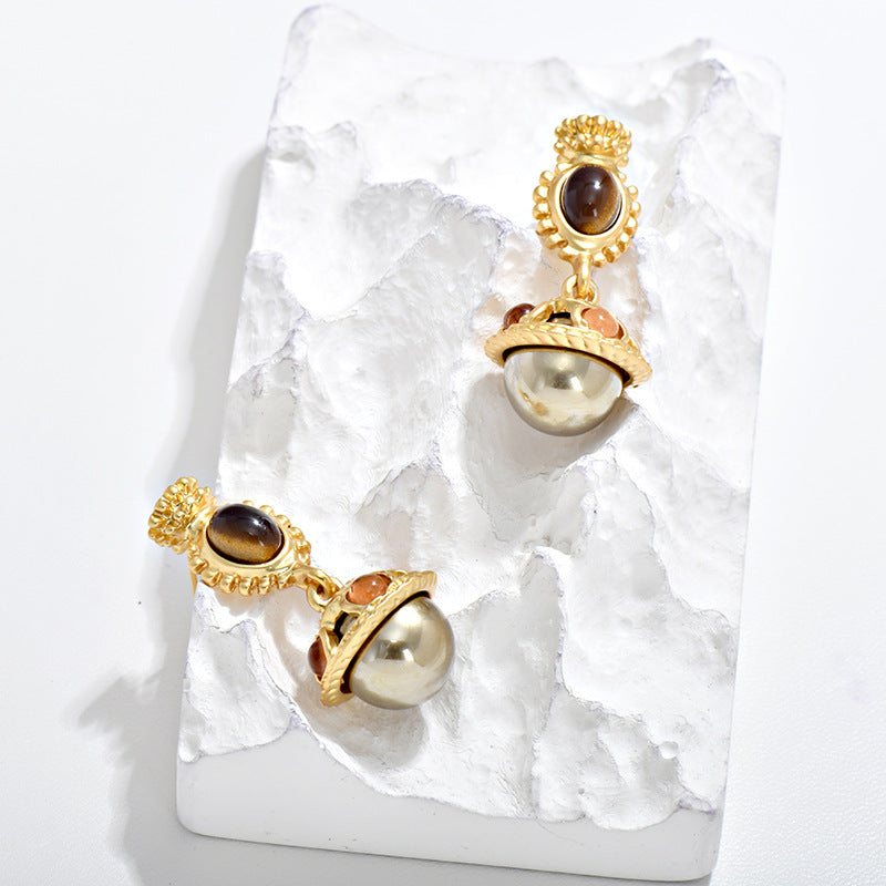 Vintage Dynamic Glass Pearl Earrings with Tiger Eye Stone