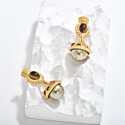 Vintage Dynamic Glass Pearl Earrings with Tiger Eye Stone