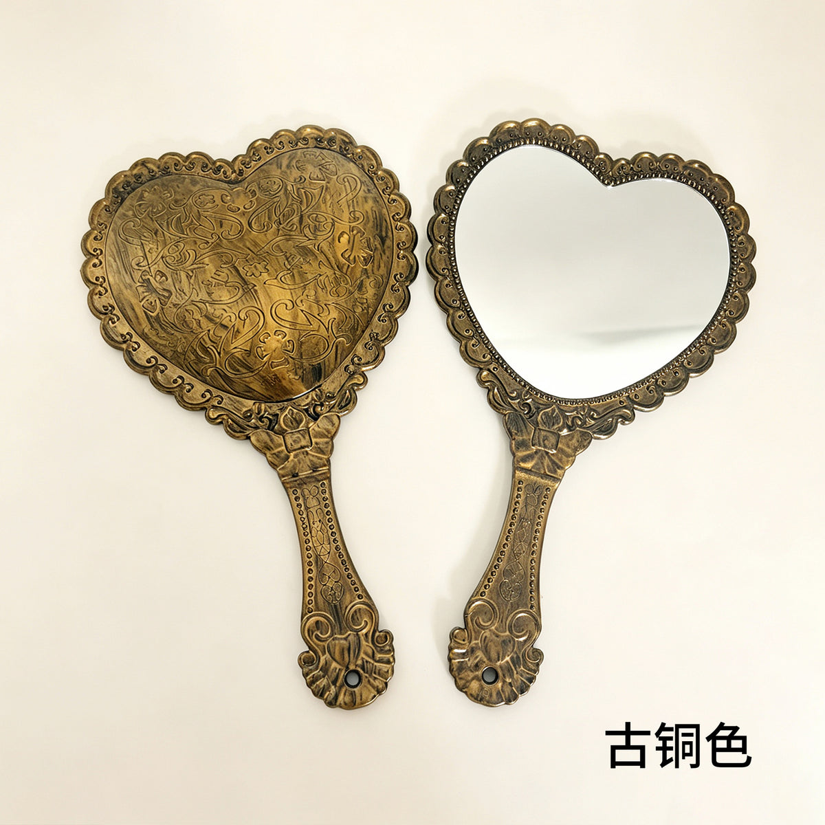 亚马逊热卖欧式复古花边镜电镀爱心手持镜浮雕花纹法式风补妆镜子