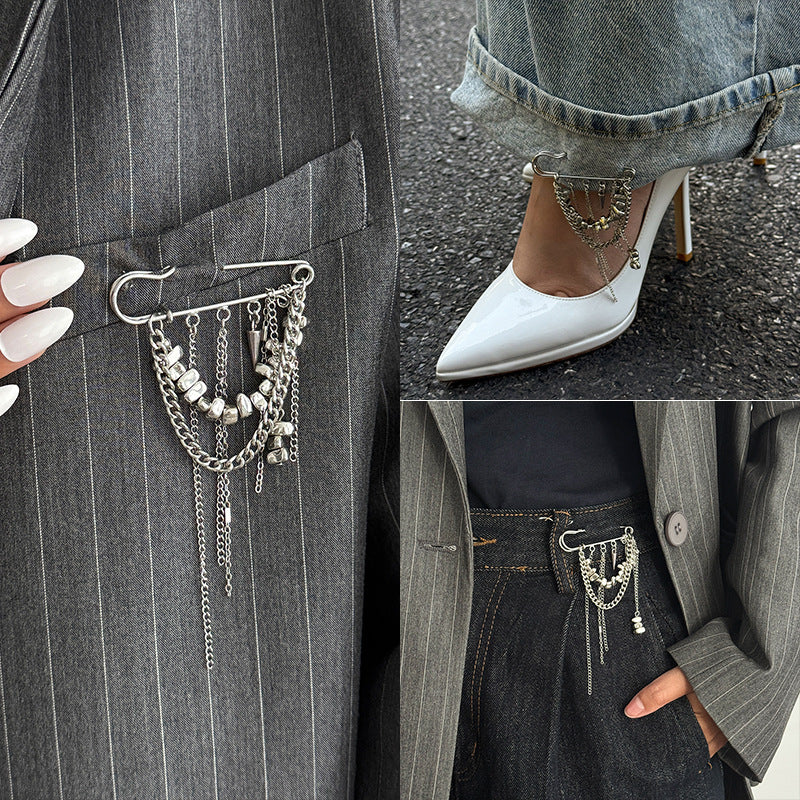 Brovia - Layered Draped Chain Safety Pin Brooch