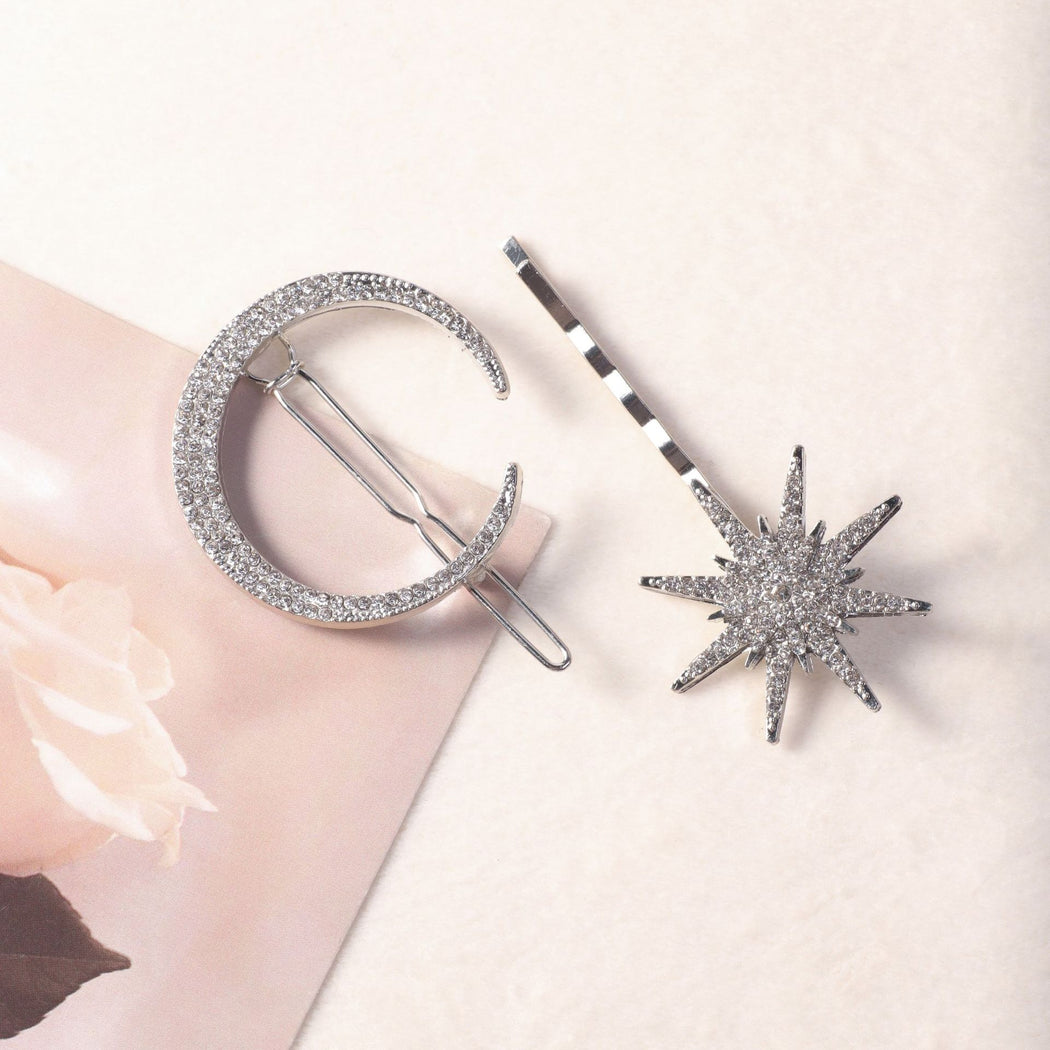 Celestial rhinestone hair clip set styling view