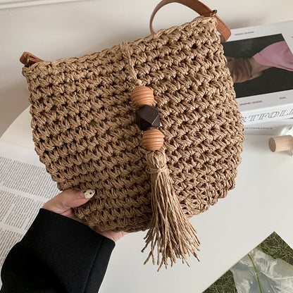 Bacio - Straw Crossbody Bag with Tassel and Wooden Bead