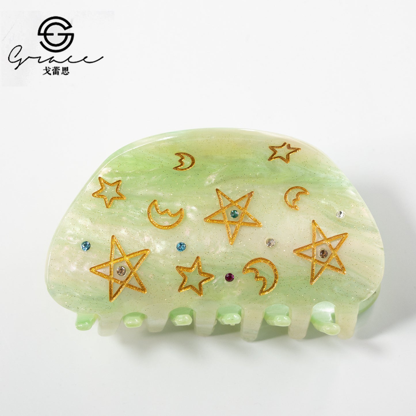月亮五角星发夹金线彩色饰品钻石8月新品亚克力8公分葱粉儿童抓夹
