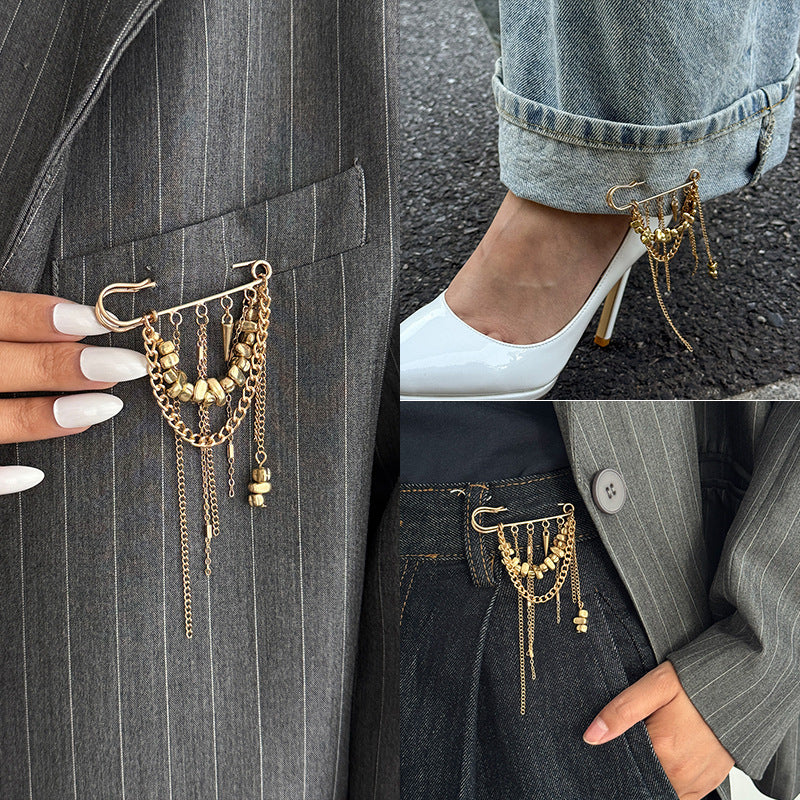 Brovia - Layered Draped Chain Safety Pin Brooch
