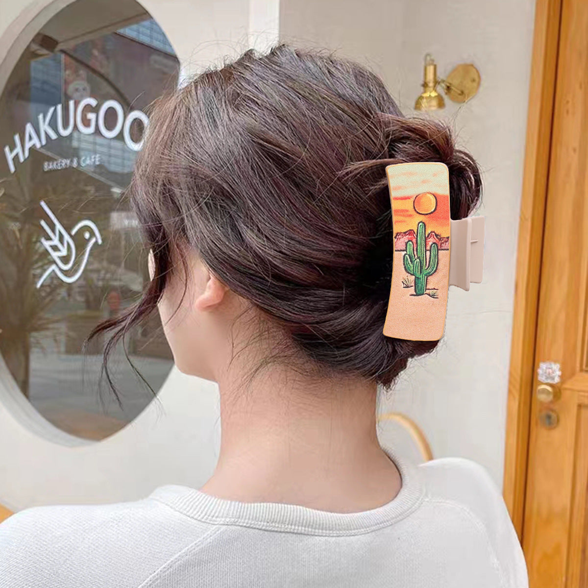 西部牛仔风向日葵仙人掌皮革女士发夹抓夹鲨鱼夹加耳环组合亚马逊
