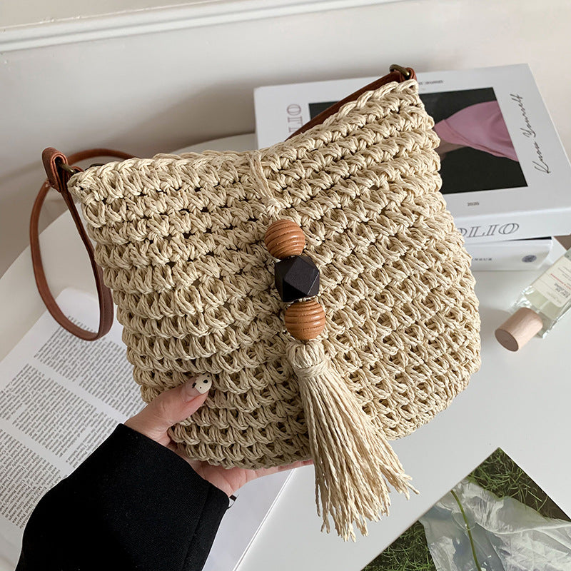 Bacio - Straw Crossbody Bag with Tassel and Wooden Bead