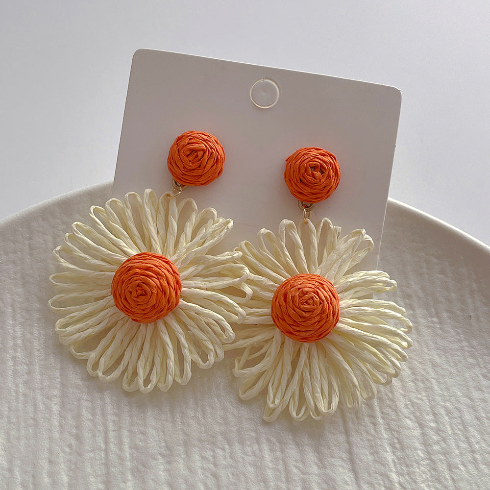 Handwoven Contrast Color Flower Stud Earrings