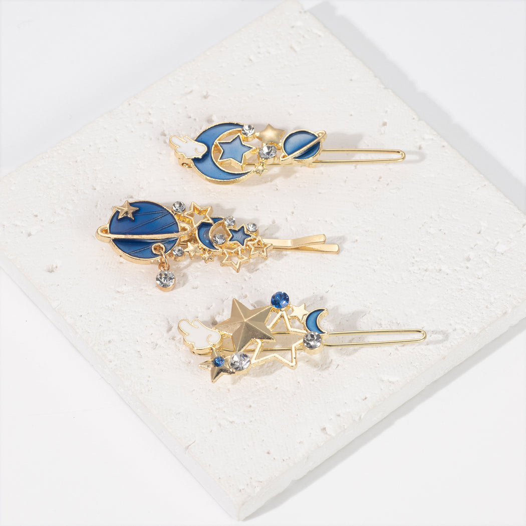 Blue celestial cat three piece hair clip set