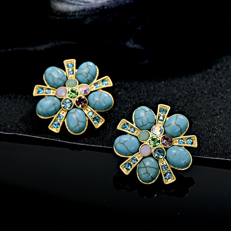 Vintage Floral Glass Stud Earrings with Turquoise