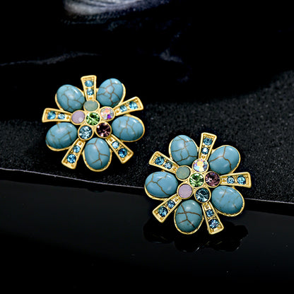 Vintage Floral Glass Stud Earrings with Turquoise