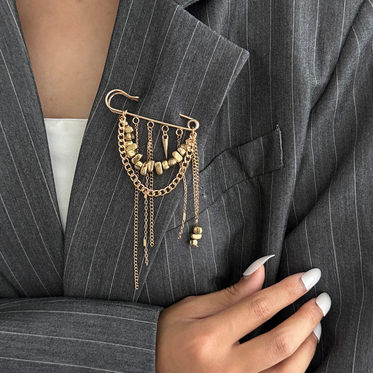 Brovia - Layered Draped Chain Safety Pin Brooch