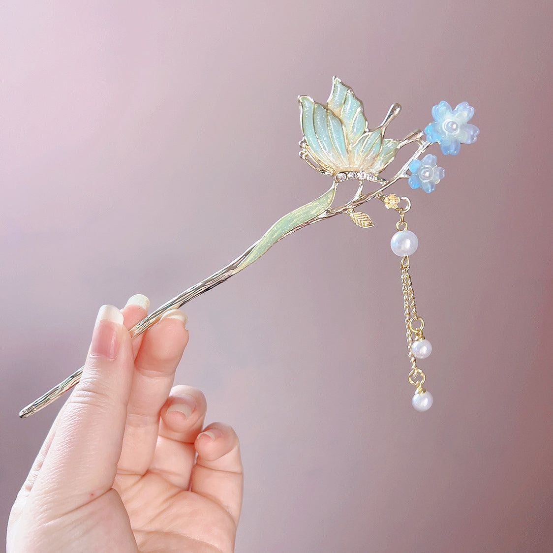 蝴蝶花朵发簪高级感珍珠流苏步摇女新中式小清新簪子古风挽发发钗