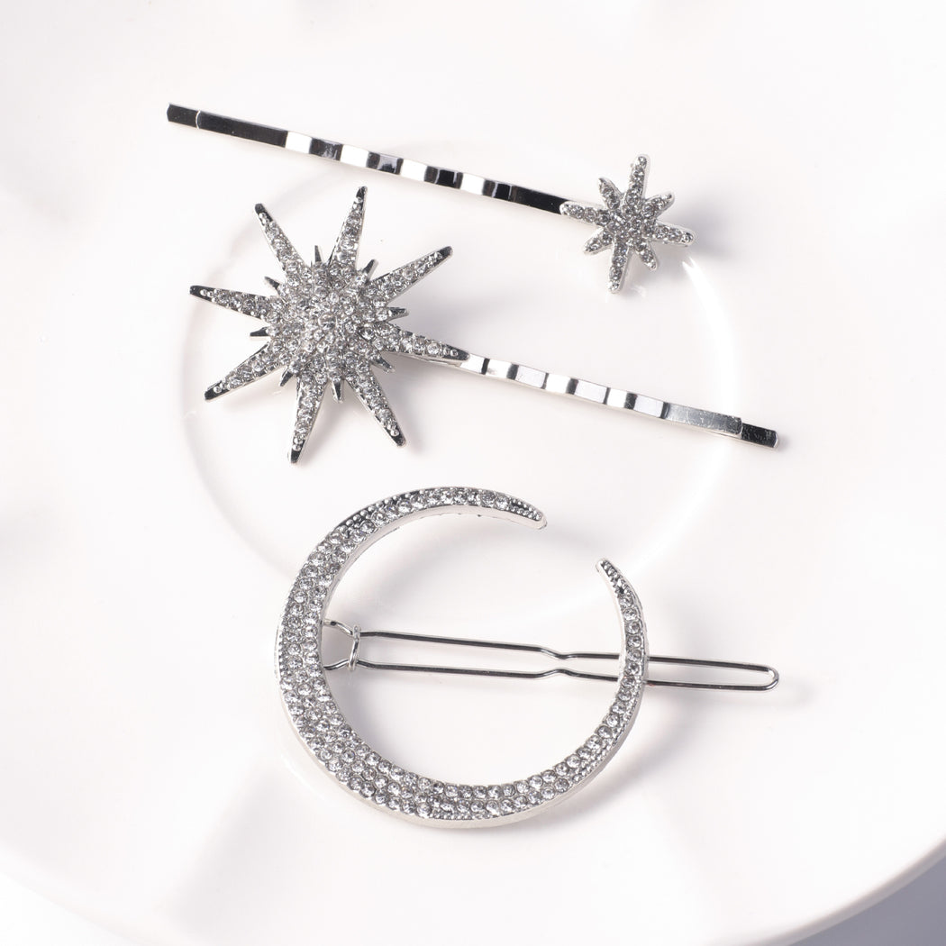 Star and moon rhinestone hair clip set