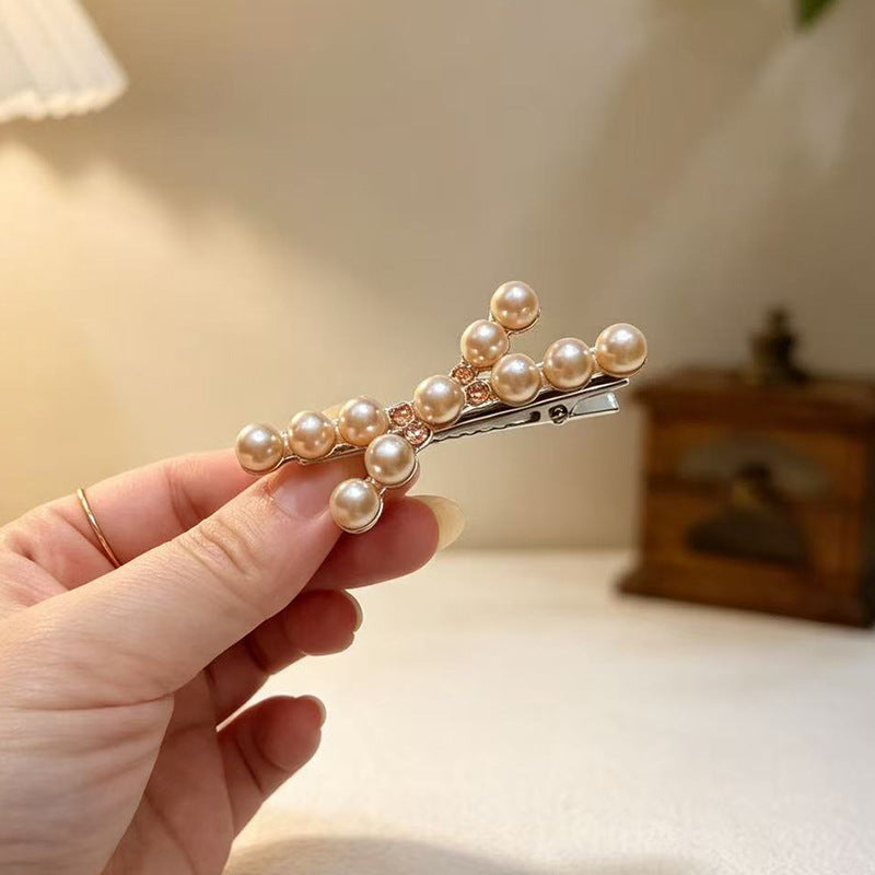 新款简约浅香槟色珍珠交叉发夹鸭嘴夹女新款镶钻侧边夹一字夹发饰