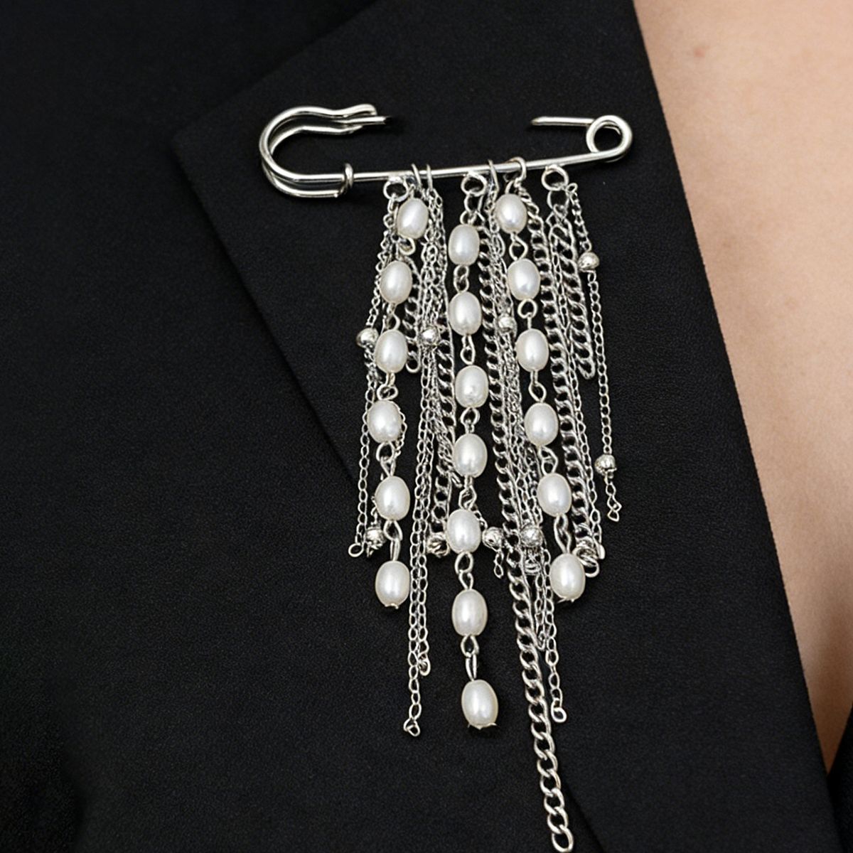 Brovia - Layered Chain Dangle Safety Pin Brooch