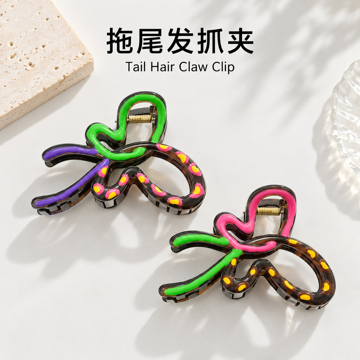 春夏跨境新款高级感撞色波点蝴蝶结抓夹高端后脑勺鲨鱼夹发夹头饰